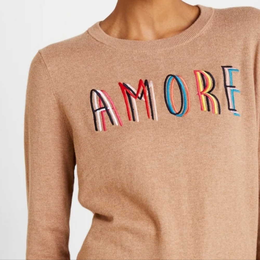 GAP Amore Love Embroidered Graphic Tan Sweater 100% Cotton XS NWT Lightweight